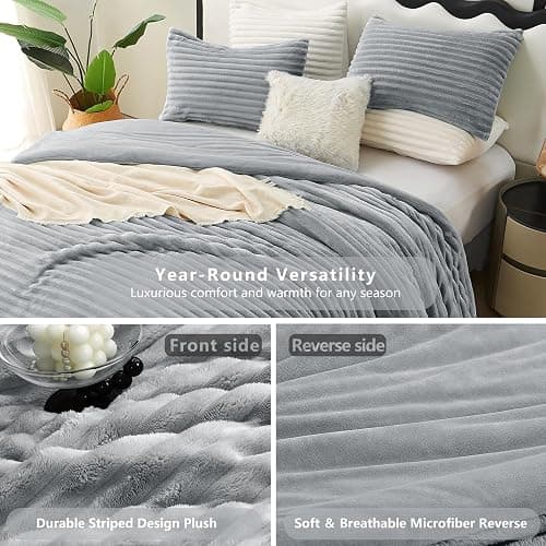 CozyLux Fluffy Queen Comforter Set - Super Soft & Warm Grey Comforter Queen Size, Winter Fleece Bedding Set, 3 Pieces Plush Fuzzy Bed Set (1 Shaggy Comforter, 2 Pillowcases) thumbnail 4