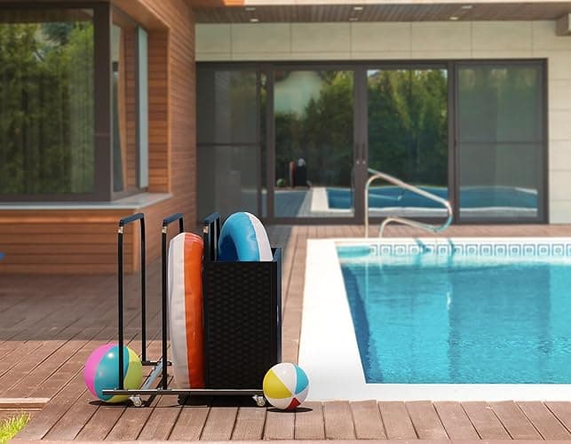 EUNHOO Rolling Poolside Float Storage, Pool Storage Bin, Outdoor Storage Organizer PE Rattan Pool Towel Rack for Floaties, Pool Accessories and Patio furniture Black - Black thumbnail 7