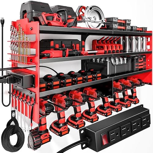 POKIPO Large Power Tool Organizer Wall Mount with Charging Station,4 Layer Heavy Duty Metal Tool Storage Shelf Loads 600lbs,Battery Utility Rack With 4 Outlet Power Strip with 8 Cordless Drill Holder - Image 1