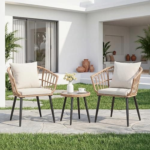 DUMOS 3 Pieces Outdoor Bistro Set, All-Weather PE Rattan Patio Furniture Set with Cushions, Steel Frame Table and Chairs for Balcony, Apartment, Porch, Beige thumbnail 2