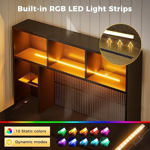 AODK 63" L Shaped Desk for Gaming and Working，Black | PC Desk with Hutch, Pegboard & Shelves, 4 Drawers, Integrated LED Light Strip & Power Outlets, Reversible thumbnail 6