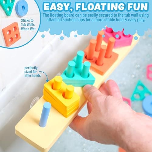 Tub Works® Splash, Stack & Sort™ Shape Sorter & Stacking Toddler Bath Toy | 20 Foam Pieces | Color Sorting & Shape Stacking Kids Bath Toys | Floats & Sticks to Tub Walls | Early Learning Bathtub Toys thumbnail 4