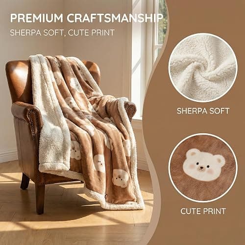 YYTCOZYY Cute Bear Print Blanket – Reversible Soft Fleece Sherpa Throw Blanket for Women, Cozy Warm Plush Blanket for Couch Bed Office, Camel Brown (80"x90") thumbnail 3