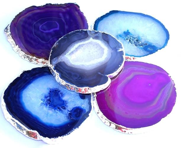 JIC Gem Silver Plated Dyed Mixed Color Agate Coasters, 5 pcs Set, 3-4", Blue, Teal, Natural, Pink, Purple, with Rubber Bumper thumbnail 3