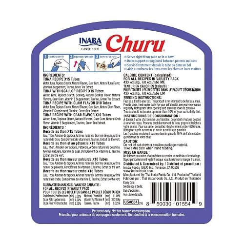 INABA Churu Cat Treats, Grain-Free, Lickable, Squeezable Creamy Purée Cat Treat/Topper with Vitamin E & Taurine, 0.5 Ounces Each Tube, 50 Tubes, Tuna & Seafood Variety thumbnail 3