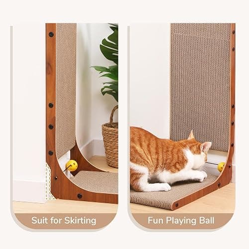 FUKUMARU Cat Scratcher, 26.8 Inch Cat Scratch Pad for Indoor Cats, L Shaped Cardboard Vertical Cats Scratching Board with Ball Toy, Walnut Color, 2 Packs thumbnail 4