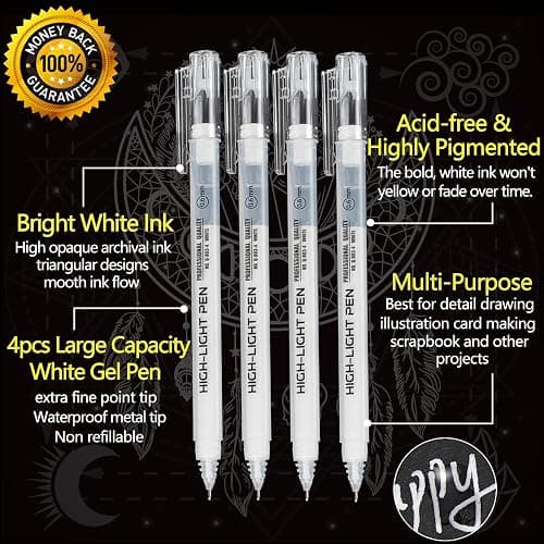 Qionew 0.6mm Fine Point White Gel Pens, 4 Pcs White Gel Pen Set for Artists | White Pens for Artists Drawing, Adult Coloring Books, Opaque White Ink for Black Paper,Sketching, Bullet Journaling thumbnail 4