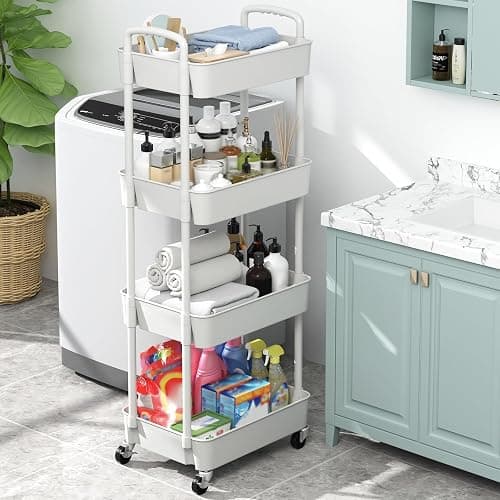 Sywhitta 4-Tier Plastic Rolling Utility Cart with Handle, Multi-Functional Storage Trolley for Office, Living Room, Kitchen, Movable Storage Organizer with Wheels, White thumbnail 6