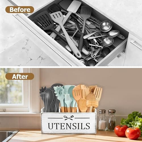 RedCall Wooden Kitchen Utensil Holder for Counter-top,Large Utensil Organizer for Storage Cooking Tool and Silverware,Extra Large Rustic Wood Container (Antique) thumbnail 5