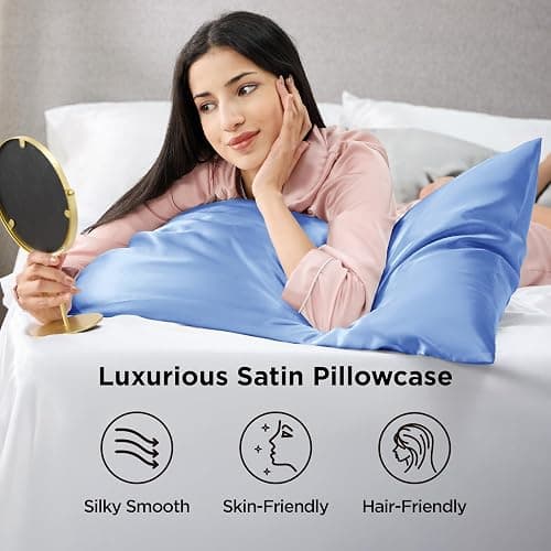 Bedsure Satin Pillowcases Standard Set of 2, Silky Pillow Cases, Sky Blue | Similar to Silk Pillow Cases, Decorative Covers, Room Decor, Gifts for Women Men, Envelope Closure, For Hair Skin, 20" x 26" thumbnail 2