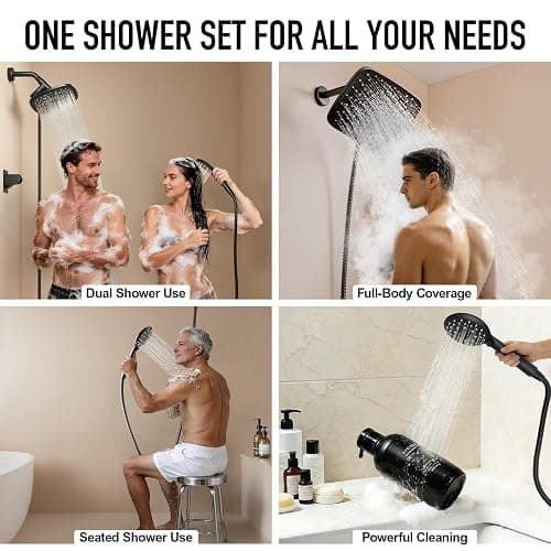 Veken 11.8 Inch Rain Shower Head with Handheld- High Pressure Dual Shower Heads with 5 Modes Handheld Spray Combo- Wide Rainfall Showerhead with Hose, Bathroom Accessories, Matte Black thumbnail 3