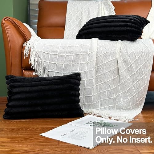 20" x 12" Black Throw Pillow Covers Pack of 2, Soft Fluffy Faux Fur Decorative Pillows for Couch, Bed Cover with Velvet Back for Living Room, Home Décor for Sofa (50cm x 30cm, No Inserts Included) thumbnail 4