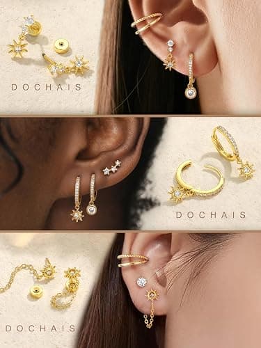 Dochais Flat Back Cartilage Earrings for Women Trendy Dainty CZ Flatback Studs Earing Sets 14k Gold Plated Hypoallergenic Huggie Hoops Earring Stacks for Multiple Piercing thumbnail 2
