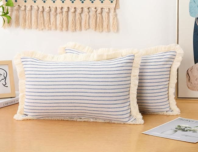 NUYECY Set of 2 Light Blue Boho Throw Pillow Covers 12 x 20,Cotton Neutral Pillow with Tassel Fringe,Decorative Lumbar Pillow Cover Pillow Case Cushion Cover for Bed Sofa Couch Farmhouse thumbnail 3