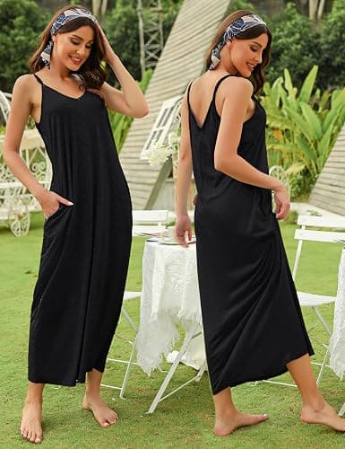 Marvmys Womens Cotton Long Nightgowns Spaghetti Strap V Neck Full Slip Sleep Shirts with Pockets thumbnail 6