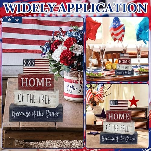 4th of July Decorations, 4 Sets Patriotic Wooden Block Table Centerpieces, Red White Blue Independence Day Memorial Day Tabletop Decorations, Rustic Labor Day Tiered Tray Decor for Home Office thumbnail 7