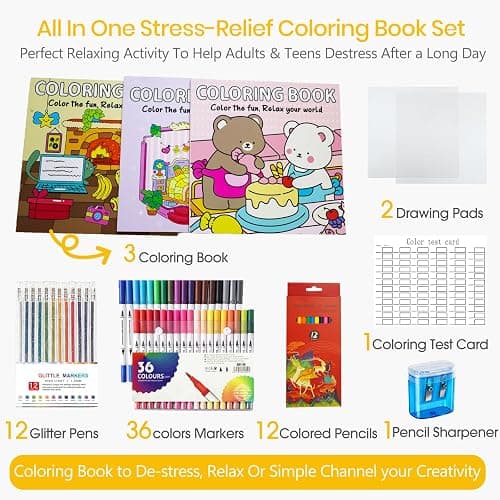 Cute Coloring Book Set for Teens Adults Relaxation, Easy and Simple Designs Coloring Book for Teens Girls, Stress Relief Gifts for Women with 36 Colors Markers & 12 Glitter Pens & 12 Colored Pencils thumbnail 2