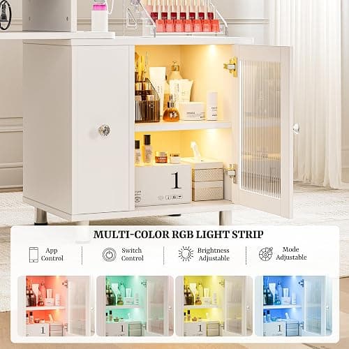 Paddie Manicure Table Nail Desk with LED Lamp & Light, Glass Cabinet Door Nail Table Station w/Dust Collector, Charging Station, Removable Acrylic Container, Cabinet and Drawer(White-New) thumbnail 4