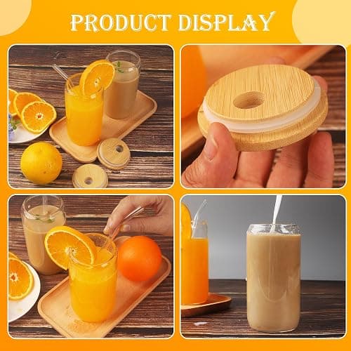 BUCOMTU 6 Pièces Verres à Boire avec Couvercles en Bambou et Paille en Verre,Verre Canette 500 ml, avec Couvercle et Paille,Pour Ice Coffee, Cocktail, Smoothie thumbnail 6