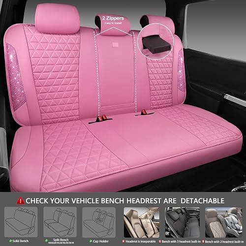 CAR PASS Bling Diamond Pink Leather Car Seat Covers Full Sets Interior Sets, Waterproof Shining Glitter Sparkly Crystal Universal Armrest Fit for Automotive Truck SUV Cute Women Girl, Pink Rhinestone thumbnail 4