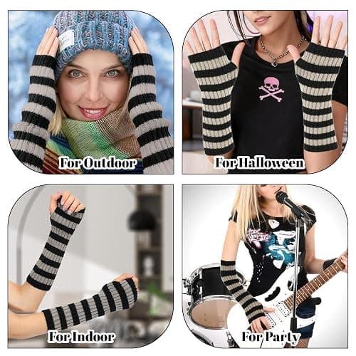 LIQWEI Arm Warmers, Y2k Striped Arm Warmers, Long Fingerless Knitted Gloves Alt Clothes Accessories, Cool Winter Arms Sleeves Scene Clothes thumbnail 7