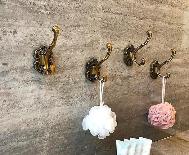 SDH Antique Brass Coat Hooks – Heavy Duty Wall Mounted – Vintage Decorative for Coats, Towels, Keys & Purse – Rust Resistant & Easy Installation Kit Included - Pack of 4 - Pack of 4 - Antique Brass thumbnail 2