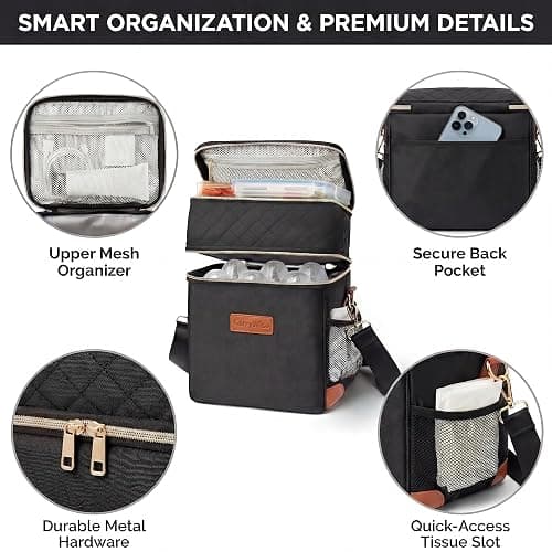 CarryWise Breastmilk Cooler Travel Bag with Ice Pack, Double Layer Insulated Baby Bottle Bag Fits 6 Bottles Up to 9 Ounce, Leakproof Breast Milk Cooler Bag for Daycare & Nursing Mom, Black thumbnail 4