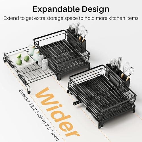 Dish Drying Rack - Extendable Dish Rack, Large Sink Drying Dish Drainer for Kitchen Counter, Stainless Steel Dish Strainer with Utensil Holder (Black) - Black thumbnail 4