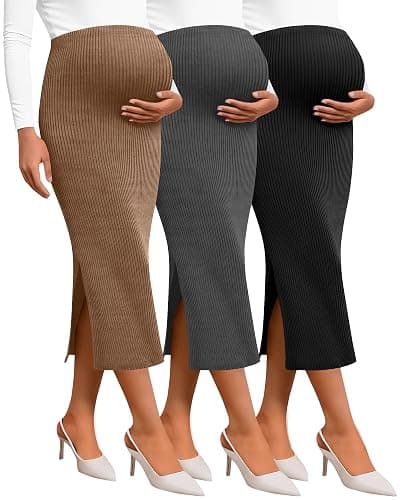 Neer 3 Pack Women's Maternity Skirts, Split Midi High Waist Ribbed Knit Solid Stretchy Pregnancy Pencil Long Skirt Clothes - Image 1