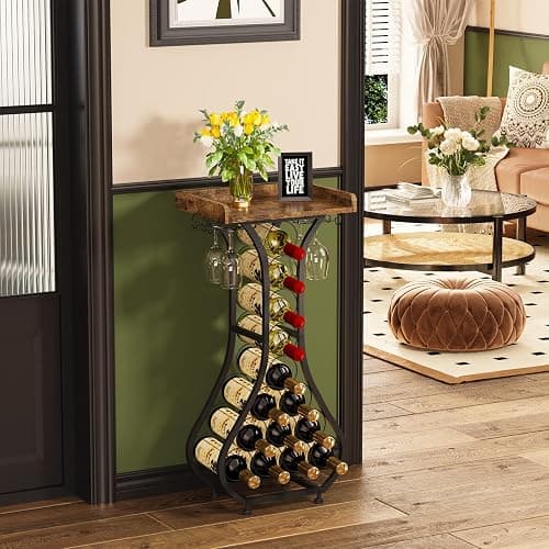 X-cosrack Wine Rack Freestanding Floor, Mini Bar Table Wine Holder Stand Liquor Cabinet with Glass Holder Wood Tabletop 14 Bottles Floor Wine Storage for Home Bar Kitchen Living Room (Patent Pending) thumbnail 4