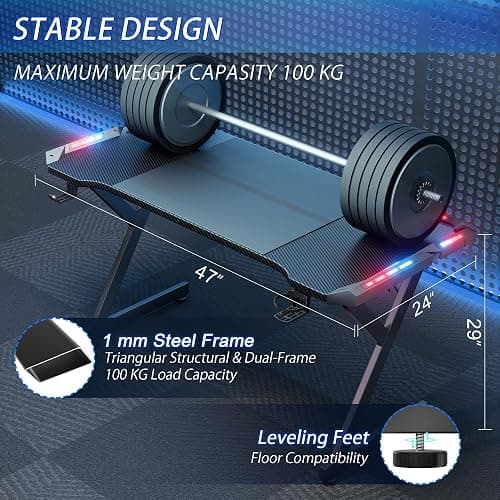 HLDIRECT 47 Inch Gaming Desk with LED Lights, Ergonomic Computer Gaming Table with Carbon Fibre Surface, Sturdy PC Workstation Desk for Home Office with Headphone Hook, Cup Holder, Black thumbnail 3