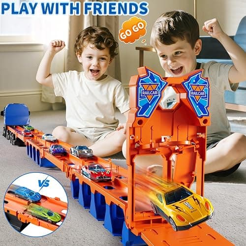 GYYCKTD Cars Truck Set Transport Toy for Kids, Race Track Set with 12 Die-Cast Cars, Trucks Playset, 2-Tier Launching Tracks, Carrier Toy for Boys Girls Birthday Gifts for Boys Ages 1-3 2-4 3-5 4-7 thumbnail 4