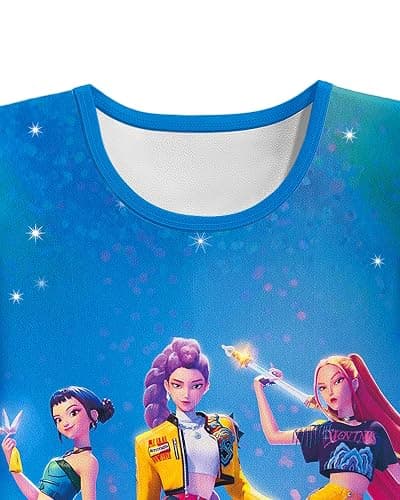 Girls Demon Hunter Dress Flutter Sleeve Kids Clothes Singer Printed Summer 5-12Y - Blue Green - 9-10 Years thumbnail 4