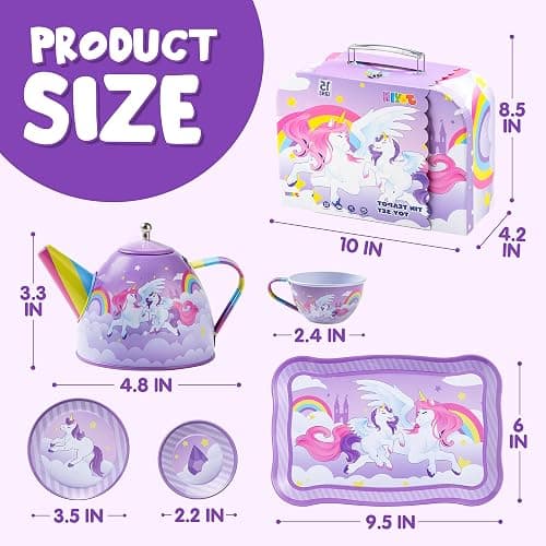 JOYIN Unicorn Tea Party Set for Little Girls, Pretend Purple Tin Teapot Set, Princess Tea Time Play Kitchen Toy with Teapot, Cup, Plate, Carrying Case for Kids Toddler Age 3+, Birthday Gifts thumbnail 3