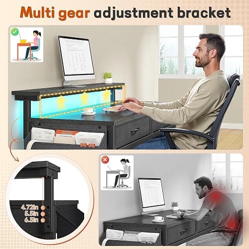 DurayLoly 31.5Inch Office Computer Desk with LED Lights & 2 Fabric Drawers, Gaming Desk with Side Pocket & Ergonomic Monitor Stand, Small Space Study Writing Table with Anti-Tip Design,Black thumbnail 6