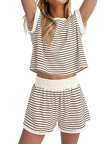 MISSACTIVER 2 Piece Lounge Set Women Stripe Knit Short Sleeve Tee Shirts Shorts Casual Summer Loungewear Shorts Sets - Image 1