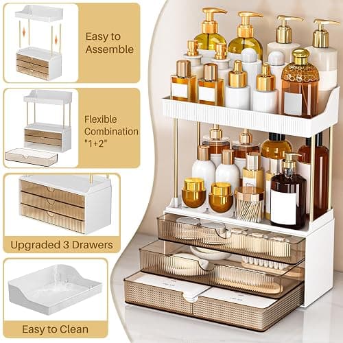 caktraie Bathroom Organizers and Storage - 3 Drawers 2 Tier Makeup Organizer, Cosmetic Storage Drawer for Dresser Countertop and Bathroom Vanity for Large Skincare, Perfume, Amber thumbnail 5