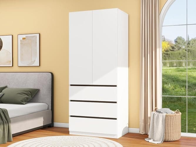 LABROSKIA Wooden Wardrobe Closet with 2 Doors: 75" Bedroom Armoire Wardrobe Closet with 3 Drawers, White Cabinet with Hanging Shelves, Large Storage Cabinet (Modern, 1) thumbnail 9