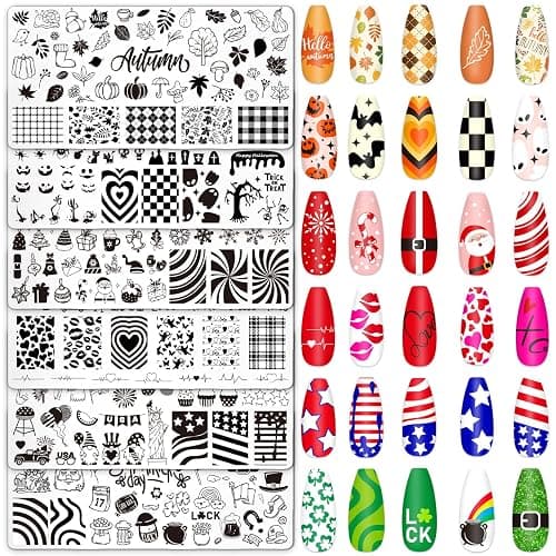 Whaline 6 Pcs All Holiday Nail Art Plates | Christmas Valentines Fall Winter St. Patrick’s Day Patriotic Theme, Stamp Template, DIY Print Manicure Salon Design - Image 1