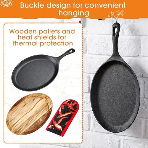 Lallisa 2 Sets Cast Iron Fajita Plate Set Fajita Plate Pan with Wooden Tray Anti Scald Protection Hot Mitt Cast Iron Skillet Set for Home Barbecue Kitchen Party Restaurant Catering Service thumbnail 4