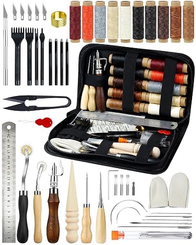 PLANTIONAL Leather Working Tools for Beginners: Professional Leather Craft Kit with Waxed Thread Groover Awl Stitching Punch for Leathercraft Adults Gifts 02 - Image 1