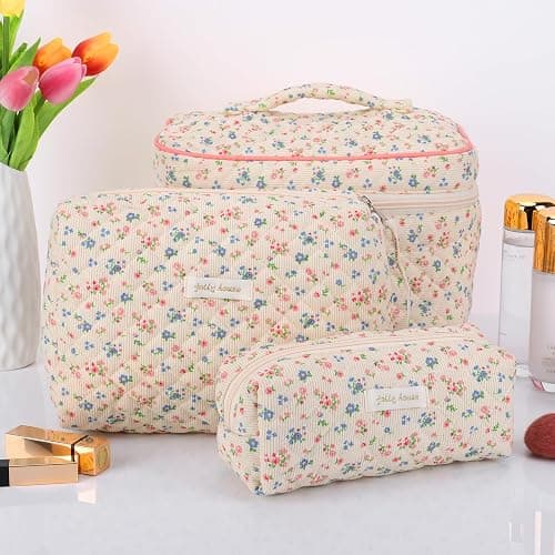 CHAMAIR Quilted Floral Makeup Bag - Coquette Skincare Bag Aesthetic Cosmetic Bag Cotton Toiletry Bag Large Capacity Travel Make Up Bag for Women Ladies Girls (Style B92) thumbnail 4