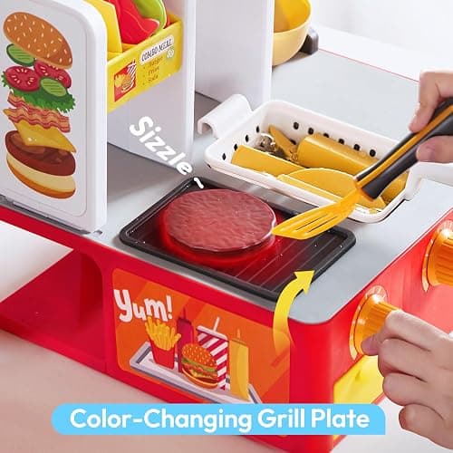 Play Kitchen Toddler Toy - 40+ PCS Fast Food Station with Potato Cutter, Simulated Frying Effect & Lights, Order & Drink Station - Pretend Play Food Toy Birthday Gift for Boys Girls thumbnail 6