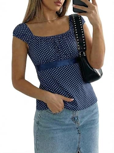 Women's Babydoll Tops Y2k Fairy Baby Doll Tops, Cap Sleeve Polka Dot Top with Adjustable Waist Tie, Flowy Going Out Tops thumbnail 4