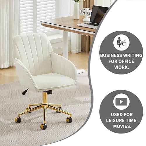 YITAI Velvet Office Desk Chair with Wheels and Gold Base,Modern Height Adjustable 360 Degree Swivel Upholstered Vanity Chairs with Arms for Living Room Bedroom, Study,Cream thumbnail 7