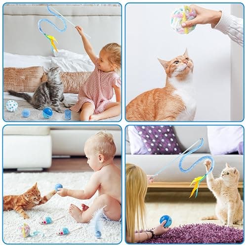 MALLMALL6 10Pcs Cat Toy Set Including Cat Springs Feather Teaser Wand Mice Crinkle Balls and Pet Bell Balls, Puzzle Interactive Pet Gift Pack Toys for Indoor Kitten (Blue) thumbnail 6