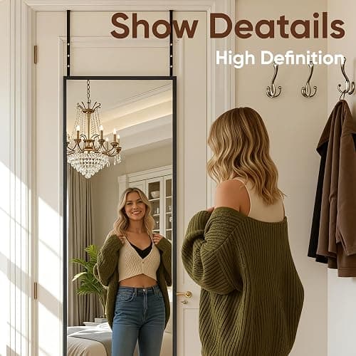 Antok 48"x14" Full Length Mirror Over The Door, Hanging Mirror, Rectangular Wall Mirror, Wall Mounted/Hanging/Leaning, Home Decor, Black thumbnail 4