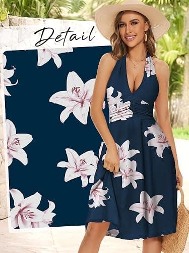 HUHOT Women's Summer Sundress Sleeveless Halter Neck Spring 2026 Floral with Pocket Elastic Waist Ruffle Mini Dresses thumbnail 3