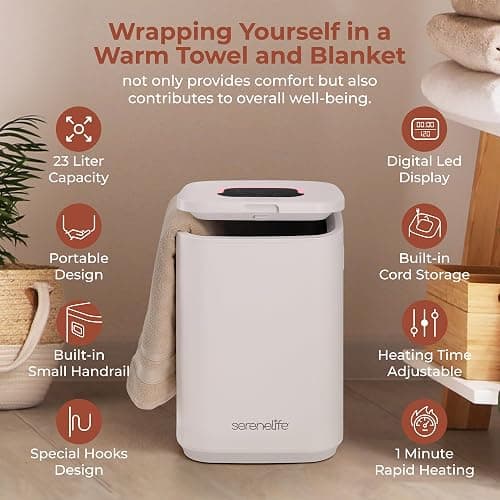 SereneLife Towel Warmer Bucket - Compact 23L Bathroom Towel Heater with Essential Oils Disc Holder, Adjustable Timer, Auto Shut-Off, Power Cord Storage & LED Display, Fits 2 Oversized Towels (White) thumbnail 6