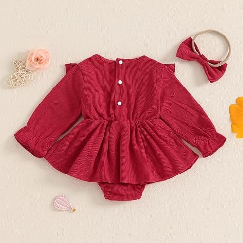 Madjtlqy Newborn Baby Girl Clothes Romper Dress Ruffles Long Sleeve Fall Winter Outfit with Headband thumbnail 3